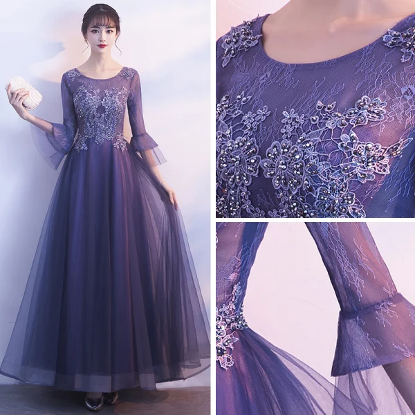 Elegant Grape Evening Dresses 2019 A-Line / Princess Scoop Neck Bell sleeves Appliques Lace Beading Floor-Length / Long Ruffle Formal Dresses