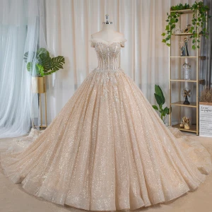 Luxe Bling Bling Champagne Robe De Mariée 2019 Robe Boule De L 039 Épaule Manches Courtes Dos Nu Appliques En Dentelle Perlage Glitter Tulle Chapel Train Volants