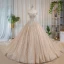 Luxury / Gorgeous Bling Bling Champagne Wedding Dresses 2019 Ball Gown Off-The-Shoulder Short Sleeve Backless Appliques Lace Beading Glitter Tulle Chapel Train Ruffle