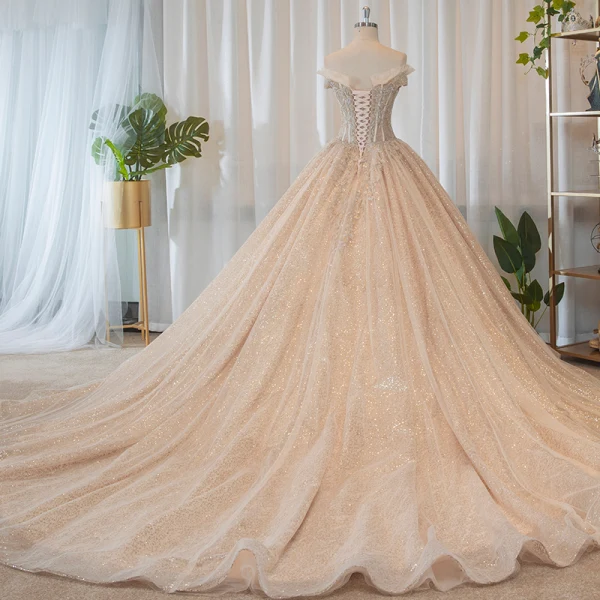 Luxury / Gorgeous Bling Bling Champagne Wedding Dresses 2019 Ball Gown Off-The-Shoulder Short Sleeve Backless Appliques Lace Beading Glitter Tulle Chapel Train Ruffle