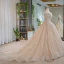 Luxury / Gorgeous Bling Bling Champagne Wedding Dresses 2019 Ball Gown Off-The-Shoulder Short Sleeve Backless Appliques Lace Beading Glitter Tulle Chapel Train Ruffle