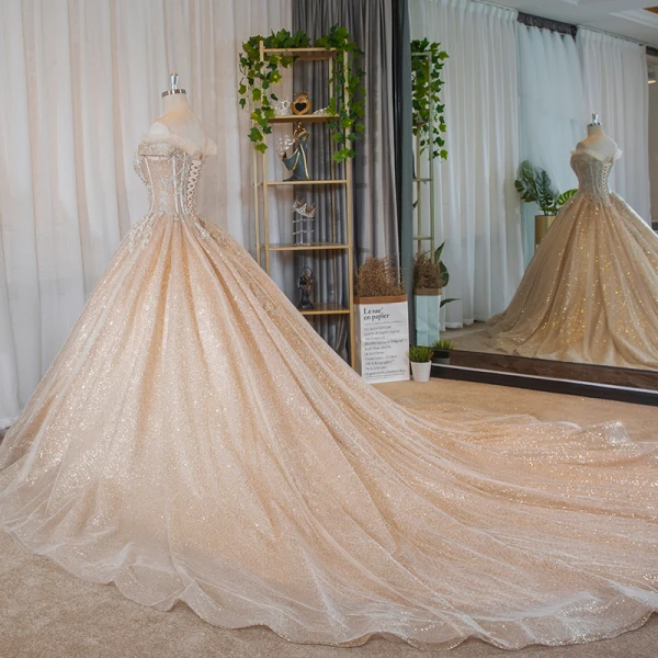 Luxury / Gorgeous Bling Bling Champagne Wedding Dresses 2019 Ball Gown Off-The-Shoulder Short Sleeve Backless Appliques Lace Beading Glitter Tulle Chapel Train Ruffle