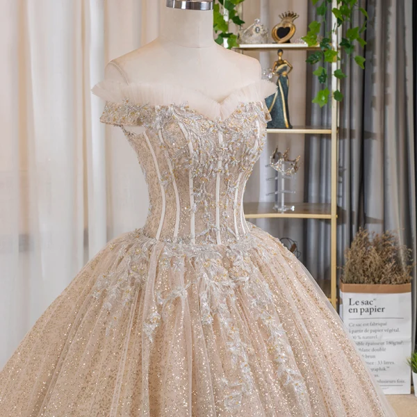 Luxury / Gorgeous Bling Bling Champagne Wedding Dresses 2019 Ball Gown Off-The-Shoulder Short Sleeve Backless Appliques Lace Beading Glitter Tulle Chapel Train Ruffle