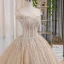 Luxury / Gorgeous Bling Bling Champagne Wedding Dresses 2019 Ball Gown Off-The-Shoulder Short Sleeve Backless Appliques Lace Beading Glitter Tulle Chapel Train Ruffle