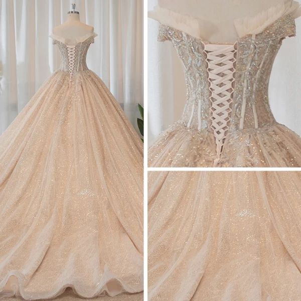 Luxury / Gorgeous Bling Bling Champagne Wedding Dresses 2019 Ball Gown Off-The-Shoulder Short Sleeve Backless Appliques Lace Beading Glitter Tulle Chapel Train Ruffle