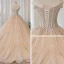 Luxury / Gorgeous Bling Bling Champagne Wedding Dresses 2019 Ball Gown Off-The-Shoulder Short Sleeve Backless Appliques Lace Beading Glitter Tulle Chapel Train Ruffle