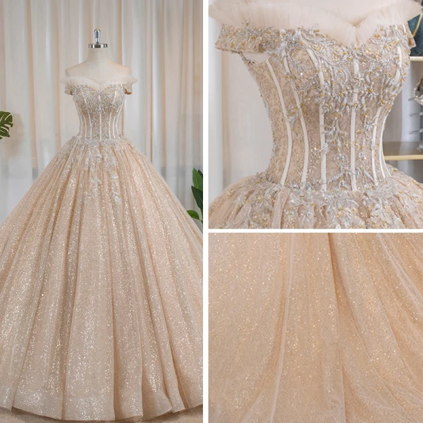 Luxury / Gorgeous Bling Bling Champagne Wedding Dresses 2019 Ball Gown Off-The-Shoulder Short Sleeve Backless Appliques Lace Beading Glitter Tulle Chapel Train Ruffle