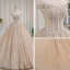 Luxury / Gorgeous Bling Bling Champagne Wedding Dresses 2019 Ball Gown Off-The-Shoulder Short Sleeve Backless Appliques Lace Beading Glitter Tulle Chapel Train Ruffle