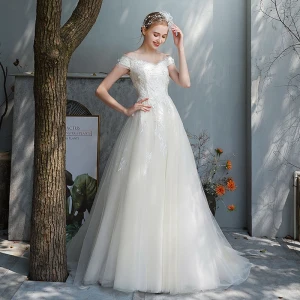 Affordable Champagne Outdoor Garden Wedding Dresses 2019 A Line Princess Off The Shoulder Short Sleeve Backless Appliques Lace Beading Pearl Sweep Train Ruffle
