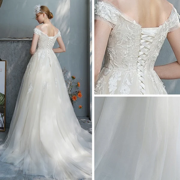 Abordable Champagne Jardin / Extérieur Robe De Mariée 2019 Princesse De l'épaule Manches Courtes Dos Nu Appliques En Dentelle Perlage Perle Train De Balayage Volants