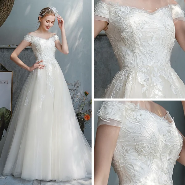 Abordable Champagne Jardin / Extérieur Robe De Mariée 2019 Princesse De l'épaule Manches Courtes Dos Nu Appliques En Dentelle Perlage Perle Train De Balayage Volants