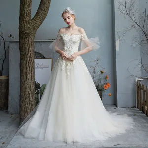 Affordable Champagne Outdoor Garden Wedding Dresses 2019 A Line Princess Off The Shoulder Bell Sleeves Backless Appliques Lace Sequins Beading Pearl Sweep Train Ruffle