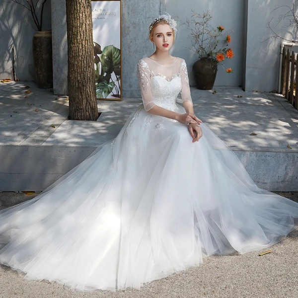 Affordable Ivory Outdoor / Garden See-through Wedding Dresses 2019 A-Line / Princess Scoop Neck 3/4 Sleeve Backless Appliques Lace Sweep Train Ruffle