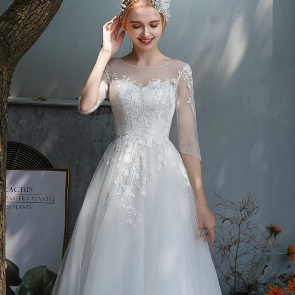 Affordable Ivory Outdoor / Garden See-through Wedding Dresses 2019 A-Line / Princess Scoop Neck 3/4 Sleeve Backless Appliques Lace Sweep Train Ruffle