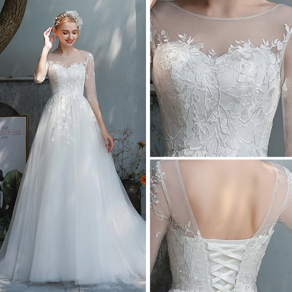 Affordable Ivory Outdoor / Garden See-through Wedding Dresses 2019 A-Line / Princess Scoop Neck 3/4 Sleeve Backless Appliques Lace Sweep Train Ruffle