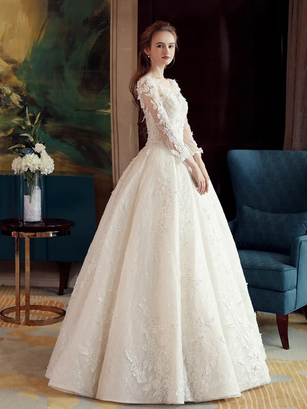 Luxury / Gorgeous Ivory See-through Wedding Dresses 2019 A-Line / Princess Scoop Neck 3/4 Sleeve Backless Appliques Lace Beading Crystal Glitter Tulle Floor-Length / Long Ruffle