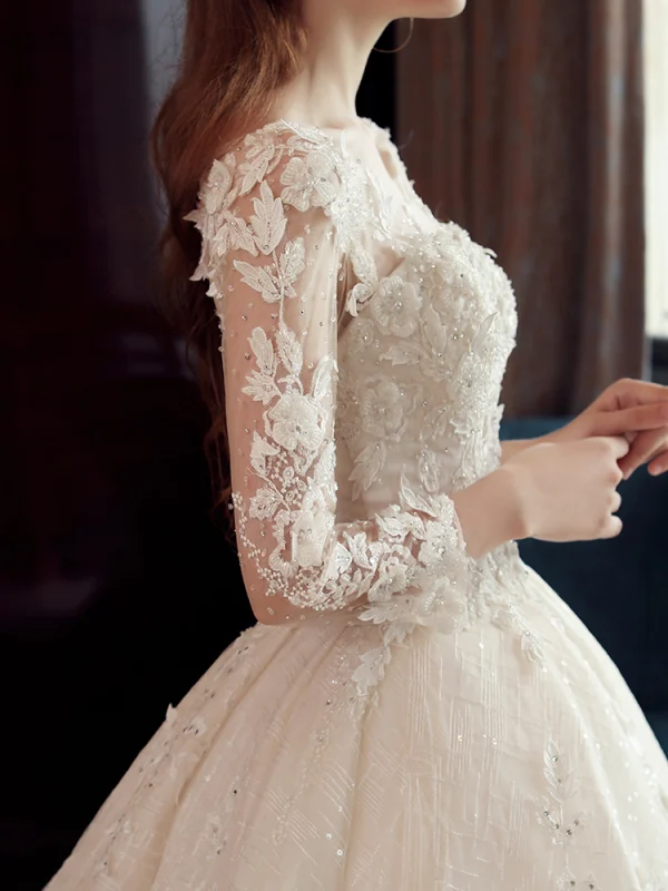 Luxury / Gorgeous Ivory See-through Wedding Dresses 2019 A-Line / Princess Scoop Neck 3/4 Sleeve Backless Appliques Lace Beading Crystal Glitter Tulle Floor-Length / Long Ruffle