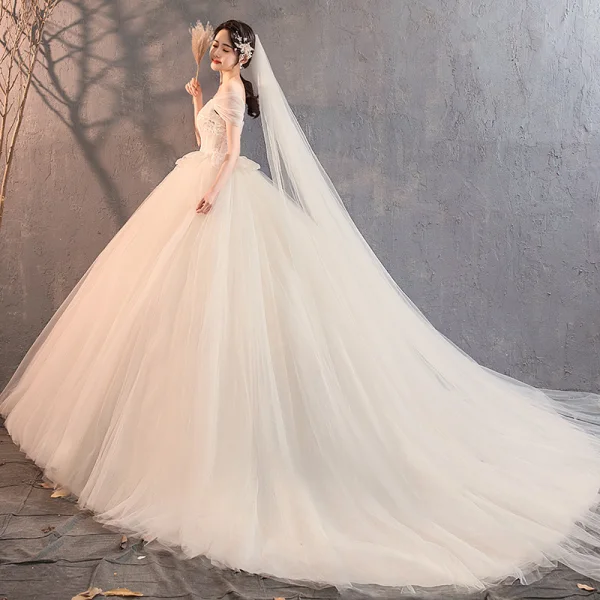 Elegant Champagne Pregnant Wedding Dresses 2019 Empire Off-The-Shoulder Short Sleeve Backless Appliques Lace Beading Court Train Ruffle