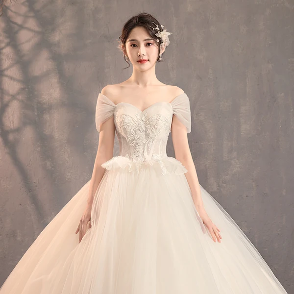 Elegant Champagne Pregnant Wedding Dresses 2019 Empire Off-The-Shoulder Short Sleeve Backless Appliques Lace Beading Court Train Ruffle