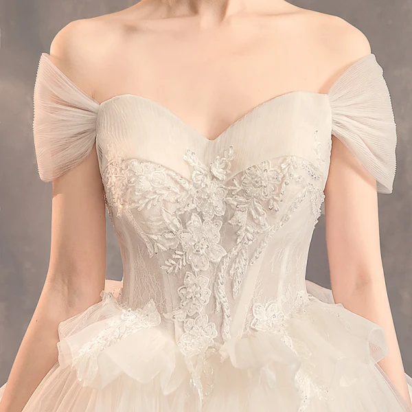 Elegant Champagne Pregnant Wedding Dresses 2019 Empire Off-The-Shoulder Short Sleeve Backless Appliques Lace Beading Court Train Ruffle