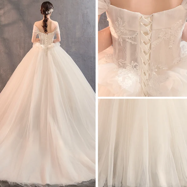 Elegant Champagne Pregnant Wedding Dresses 2019 Empire Off-The-Shoulder Short Sleeve Backless Appliques Lace Beading Court Train Ruffle