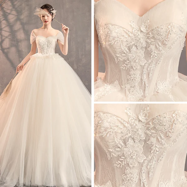 Elegant Champagne Pregnant Wedding Dresses 2019 Empire Off-The-Shoulder Short Sleeve Backless Appliques Lace Beading Court Train Ruffle