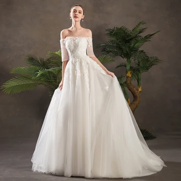 Chic Ivoire Robe De Mariée 2019 Princesse De L 039 Épaule Transparentes 1 2 Manches Dos Nu Appliques En Dentelle Train De Balayage Volants