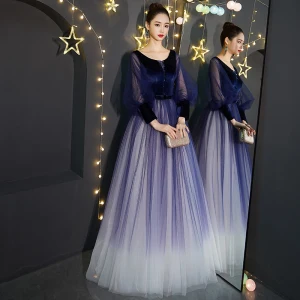 Abordable Bleu Roi Dégradé De Couleur Daim Robe De Bal 2019 Princesse V Cou Gonflée Manches Longues Perlage Noeud Ceinture Longue Volants