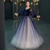 Affordable Royal Blue Gradient-Color Suede Prom Dresses 2019 Princess V-Neck Puffy Long Sleeve Beading Bow Sash Floor-Length / Long Ruffle