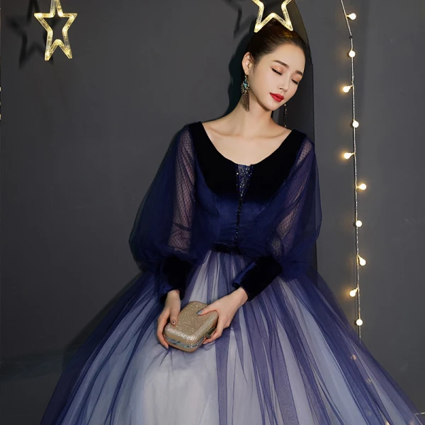 Affordable Royal Blue Gradient-Color Suede Prom Dresses 2019 Princess V-Neck Puffy Long Sleeve Beading Bow Sash Floor-Length / Long Ruffle