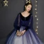 Affordable Royal Blue Gradient-Color Suede Prom Dresses 2019 Princess V-Neck Puffy Long Sleeve Beading Bow Sash Floor-Length / Long Ruffle