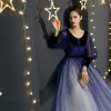 Affordable Royal Blue Gradient-Color Suede Prom Dresses 2019 Princess V-Neck Puffy Long Sleeve Beading Bow Sash Floor-Length / Long Ruffle