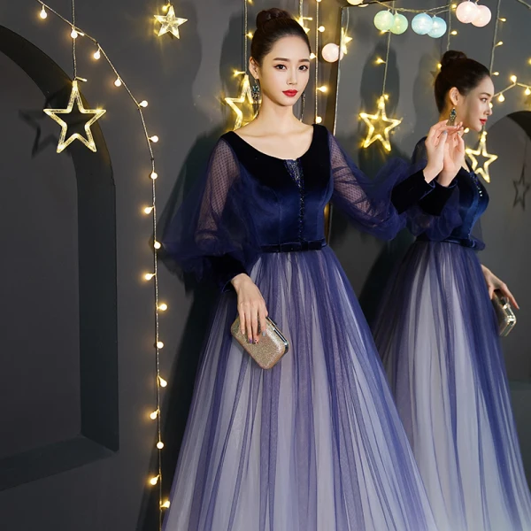 Affordable Royal Blue Gradient-Color Suede Prom Dresses 2019 Princess V-Neck Puffy Long Sleeve Beading Bow Sash Floor-Length / Long Ruffle