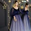 Affordable Royal Blue Gradient-Color Suede Prom Dresses 2019 Princess V-Neck Puffy Long Sleeve Beading Bow Sash Floor-Length / Long Ruffle