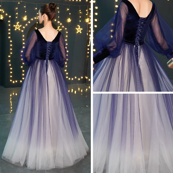 Affordable Royal Blue Gradient-Color Suede Prom Dresses 2019 Princess V-Neck Puffy Long Sleeve Beading Bow Sash Floor-Length / Long Ruffle