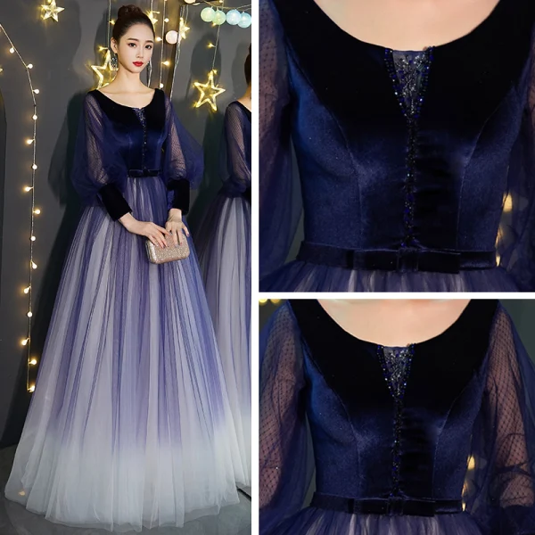 Affordable Royal Blue Gradient-Color Suede Prom Dresses 2019 Princess V-Neck Puffy Long Sleeve Beading Bow Sash Floor-Length / Long Ruffle