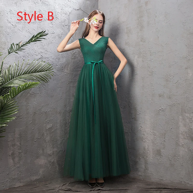 chinese dress ladies Zapaka Women Dark Green Tulle Long Sleeves Bridesmaid Dress V-Neck A Line Pleated Wedding Guest Dress, Dark Green / US16 main image 1
