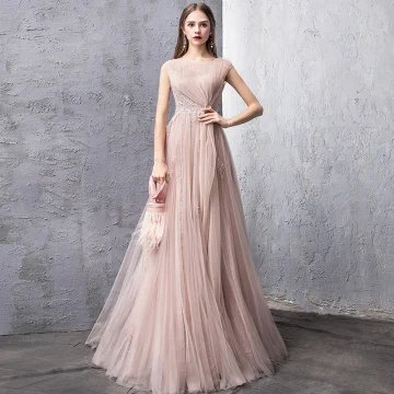 Elegante Parel Roze Avondjurken 2019 A Lijn Ronde Hals Mouwloos Appliques Kant Kralen Parel Lange Ruche Ruglooze Gelegenheid Jurken