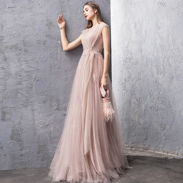 Elegant Pearl Pink Evening Dresses 2019 A-Line / Princess Scoop Neck Sleeveless Appliques Lace Beading Pearl Floor-Length / Long Ruffle Backless Formal Dresses