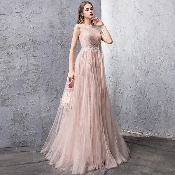 Elegant Pearl Pink Evening Dresses 2019 A-Line / Princess Scoop Neck Sleeveless Appliques Lace Beading Pearl Floor-Length / Long Ruffle Backless Formal Dresses