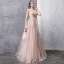 Elegant Pearl Pink Evening Dresses  2019 A-Line / Princess Scoop Neck Sleeveless Appliques Lace Beading Pearl Floor-Length / Long Ruffle Backless Formal Dresses