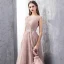 Elegant Pearl Pink Evening Dresses  2019 A-Line / Princess Scoop Neck Sleeveless Appliques Lace Beading Pearl Floor-Length / Long Ruffle Backless Formal Dresses