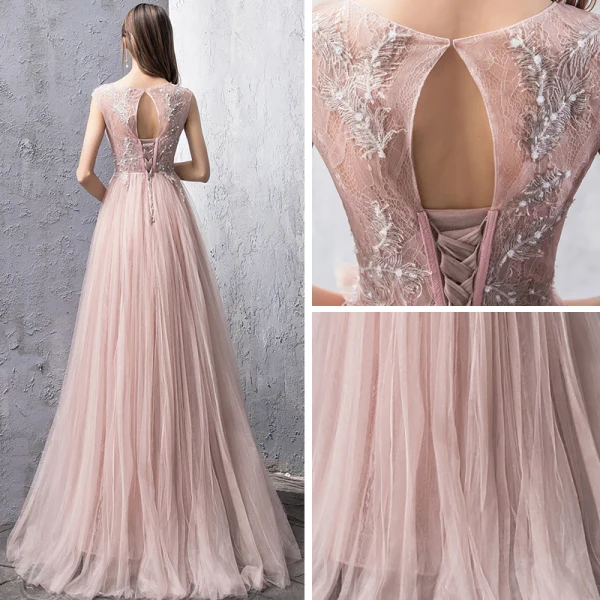 Elegant Pearl Pink Evening Dresses 2019 A-Line / Princess Scoop Neck Sleeveless Appliques Lace Beading Pearl Floor-Length / Long Ruffle Backless Formal Dresses