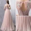 Elegant Pearl Pink Evening Dresses  2019 A-Line / Princess Scoop Neck Sleeveless Appliques Lace Beading Pearl Floor-Length / Long Ruffle Backless Formal Dresses