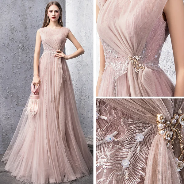 Elegant Pearl Pink Evening Dresses 2019 A-Line / Princess Scoop Neck Sleeveless Appliques Lace Beading Pearl Floor-Length / Long Ruffle Backless Formal Dresses