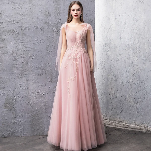 Snygga / Fina Pärla Rosa Aftonklänningar 2019 Prinsessa Genomskinliga Fyrkantig Ringning Ärmlös Beading Långa Ruffle Halterneck Formella Klänningar
