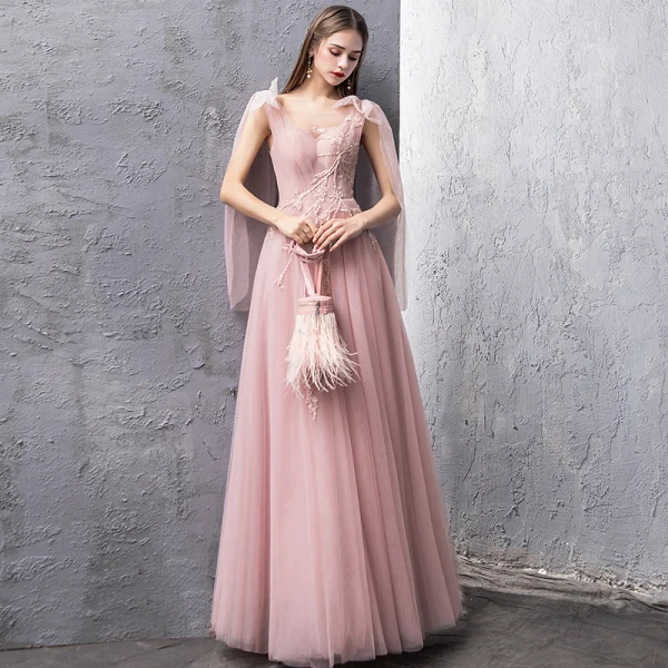 Snygga / Fina Pärla Rosa Aftonklänningar 2019 Prinsessa Genomskinliga Fyrkantig Ringning Ärmlös Beading Långa Ruffle Halterneck Formella Klänningar