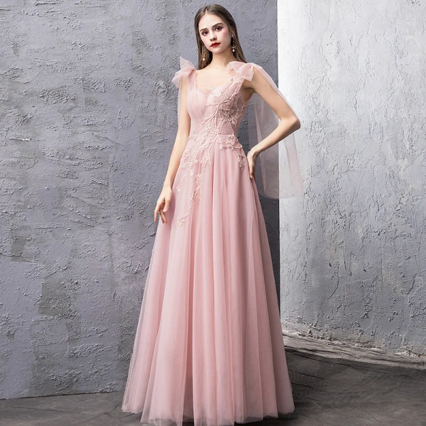Snygga / Fina Pärla Rosa Aftonklänningar 2019 Prinsessa Genomskinliga Fyrkantig Ringning Ärmlös Beading Långa Ruffle Halterneck Formella Klänningar