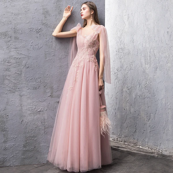 Snygga / Fina Pärla Rosa Aftonklänningar 2019 Prinsessa Genomskinliga Fyrkantig Ringning Ärmlös Beading Långa Ruffle Halterneck Formella Klänningar