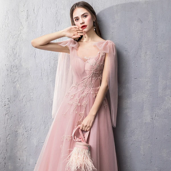 Snygga / Fina Pärla Rosa Aftonklänningar 2019 Prinsessa Genomskinliga Fyrkantig Ringning Ärmlös Beading Långa Ruffle Halterneck Formella Klänningar